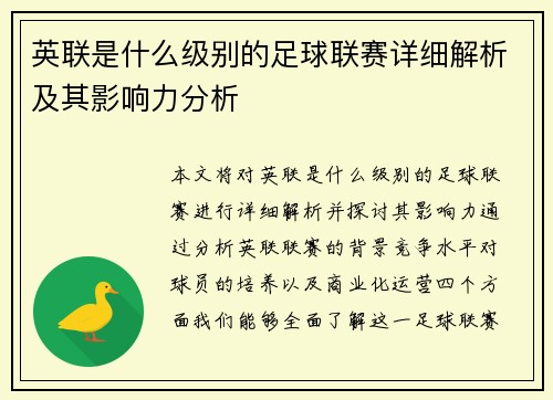 英联是什么级别的足球联赛详细解析及其影响力分析