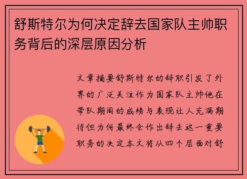 舒斯特尔为何决定辞去国家队主帅职务背后的深层原因分析