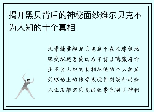 揭开黑贝背后的神秘面纱维尔贝克不为人知的十个真相 揭开黑贝背后的神秘面纱维尔贝克不为人知的十个真相